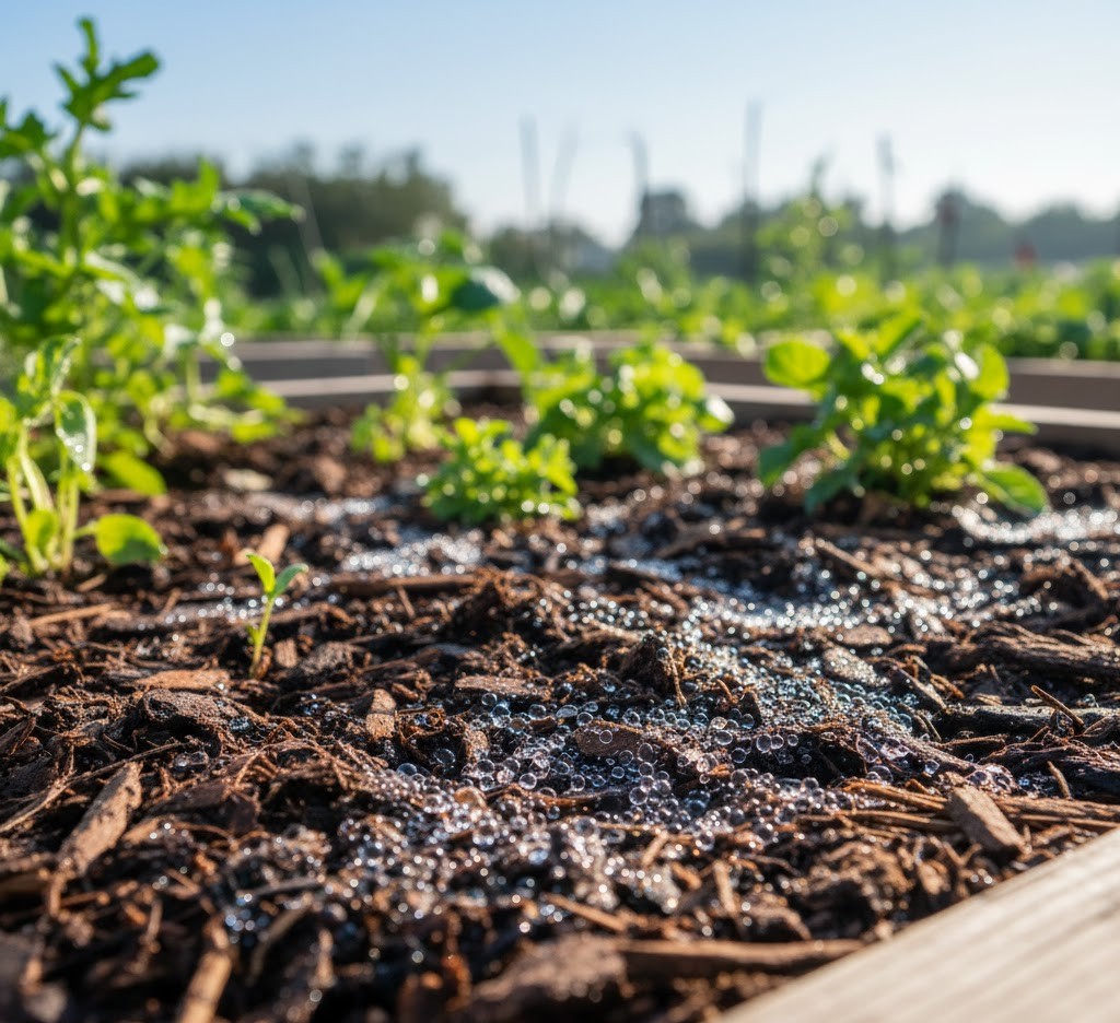Mulch retaining moisture in garden bed