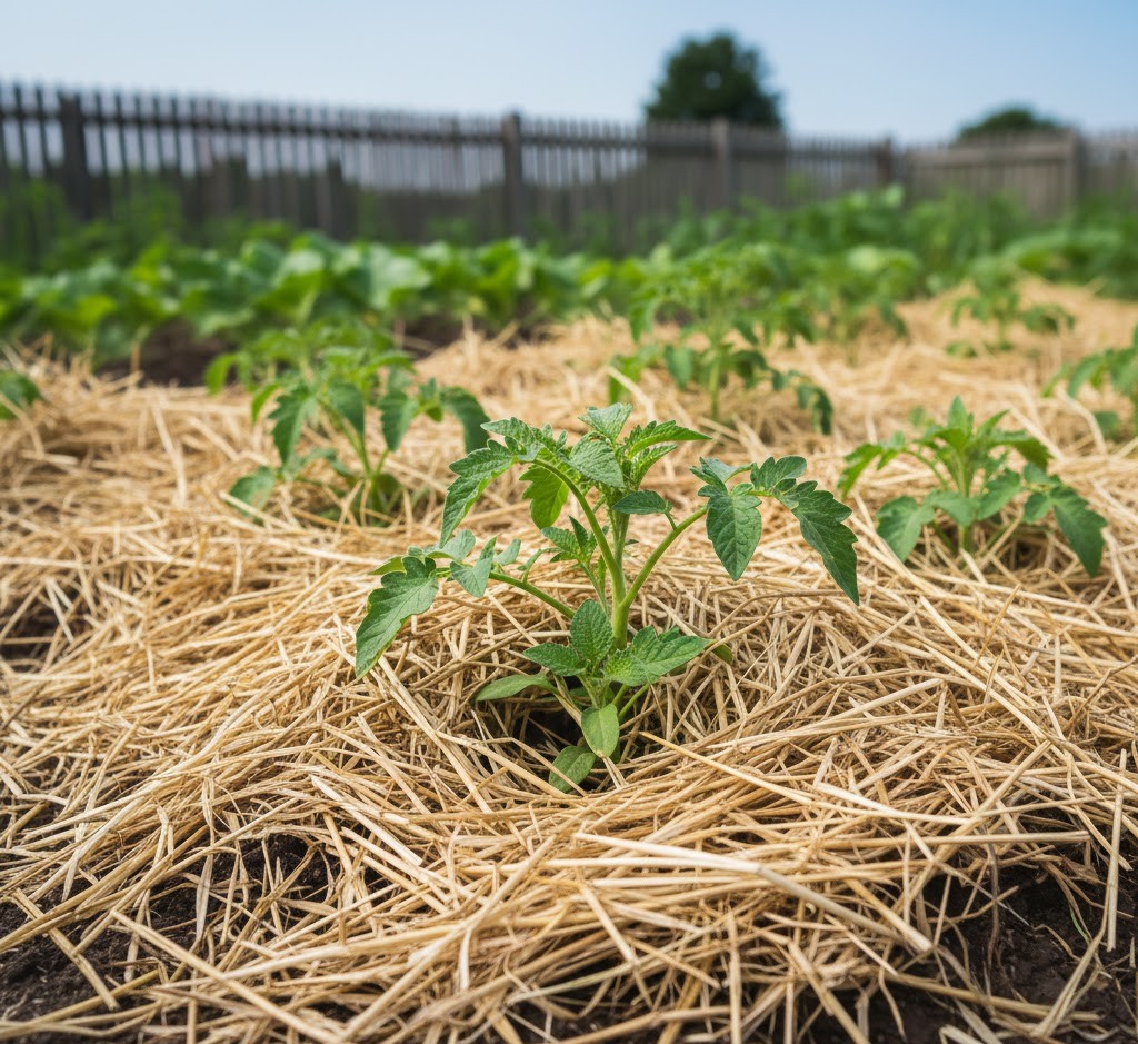 Straw mulch around vegetable plants